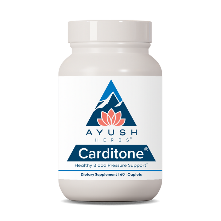 Ayush Herbs Carditone Heart and Blood Pressure Support supplement bottle with 60 caplets.