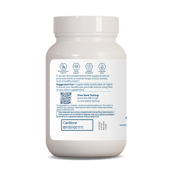 Ayush Herbs Carditone heart and blood pressure support bottle label with usage instructions and QR code.