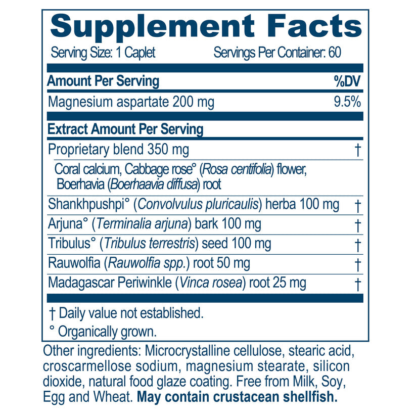 Supplement facts for Ayush Herbs Carditone Heart and Blood Pressure Support showing ingredients and nutritional information.