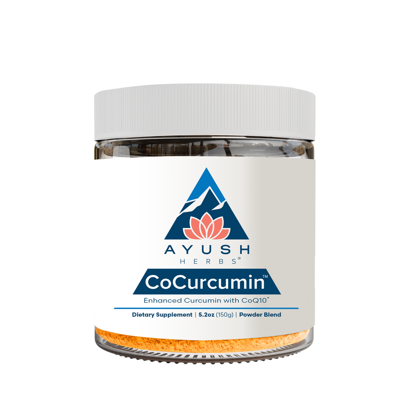 Ayush Herbs CoCurcumin Coconut Flavored Drink Mix 150 g Powder Blend in clear jar with label.