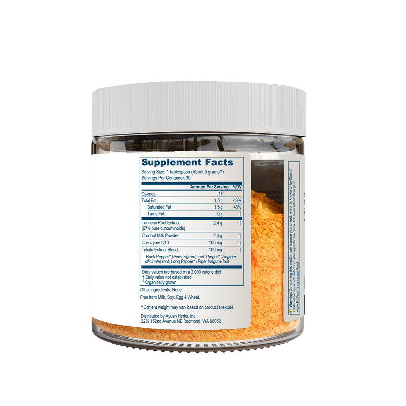 Ayush Herbs CoCurcumin Coconut Flavored Drink Mix 150 g Supplement Facts label showing nutritional information.