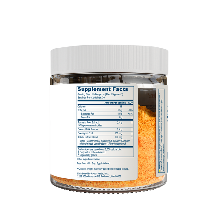 Ayush Herbs CoCurcumin Coconut Flavored Drink Mix 150 g Supplement Facts label showing nutritional information.