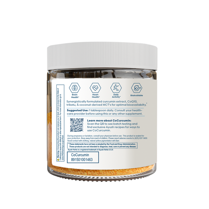 Ayush Herbs CoCurcumin Coconut Flavored Drink Mix 150g Powder Blend packaging with nutritional information and usage instructions.