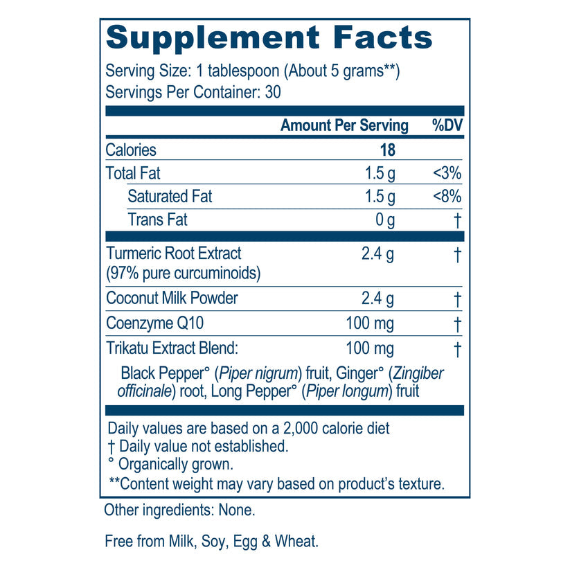 Supplement facts for Ayush Herbs CoCurcumin Coconut Flavored Drink Mix, 150g powder blend, nutritional information.