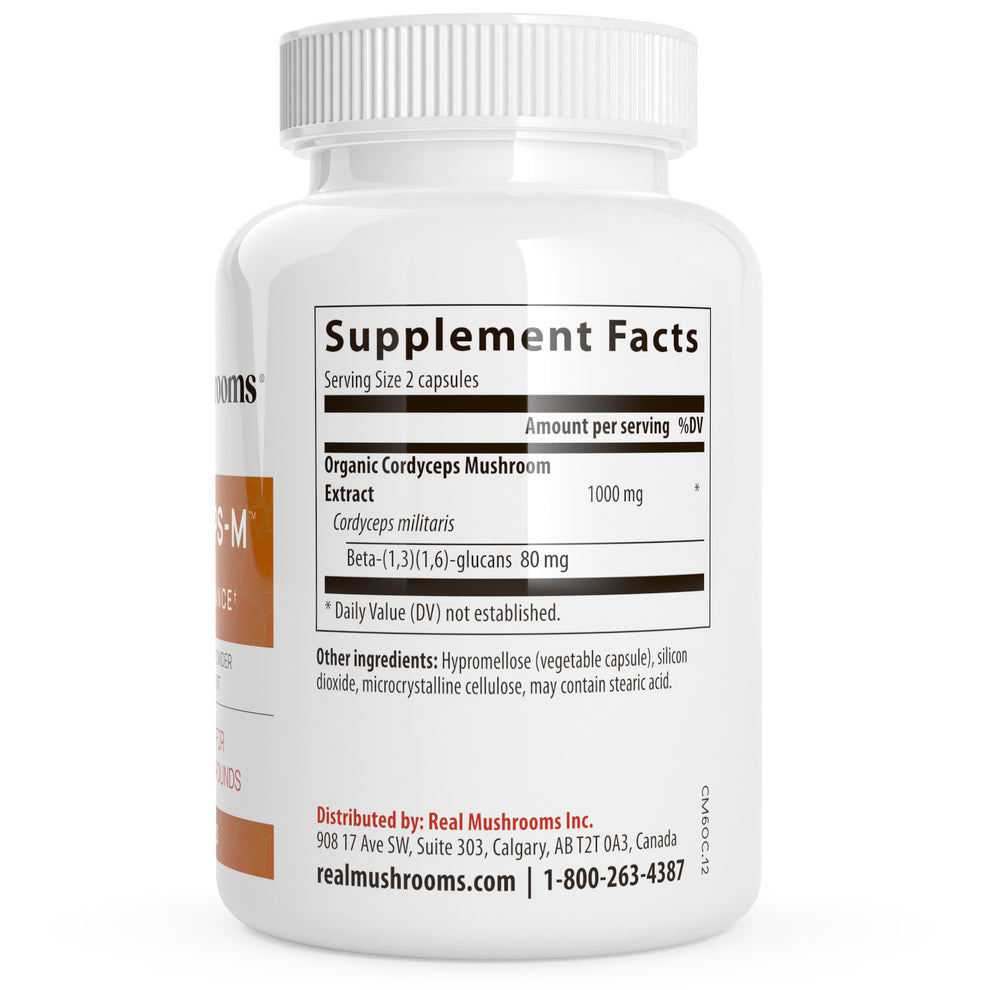 Supplement Facts for Real Mushrooms Cordyceps-M Immune Energy Support Vegan 120 Caps including organic Cordyceps mushroom extract.