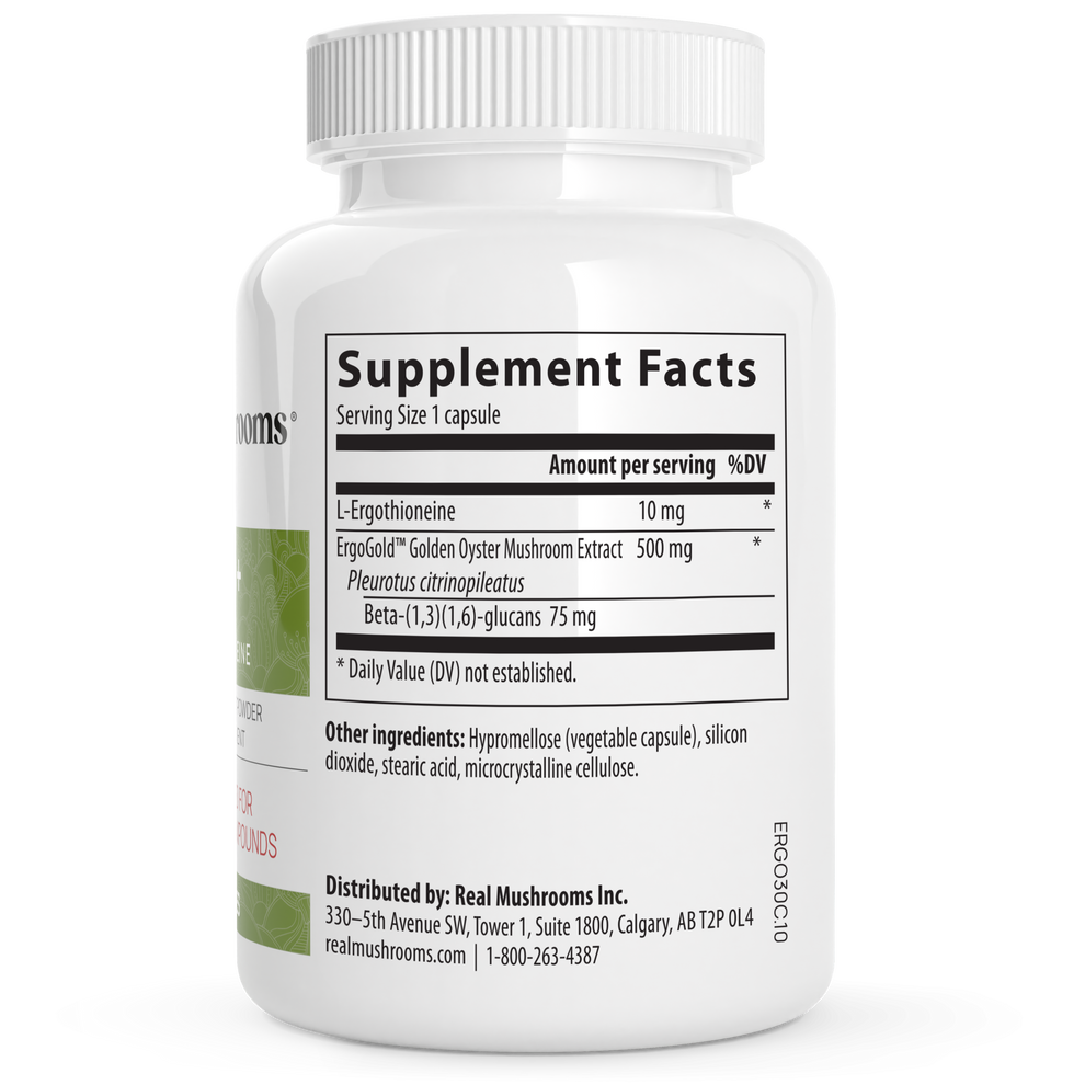 Real Mushrooms Ergo + L-Ergothioneine Supplement Facts panel showing serving details and ingredients.