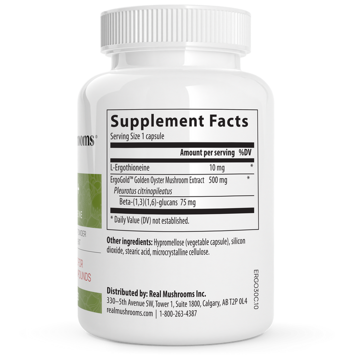 Real Mushrooms Ergo + L-Ergothioneine Supplement Facts panel showing serving details and ingredients.