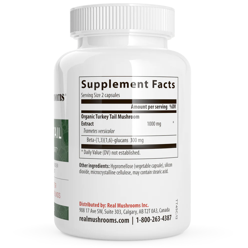 Real Mushrooms Turkey Tail Extract Supplement Facts label showing organic ingredients and nutritional information.