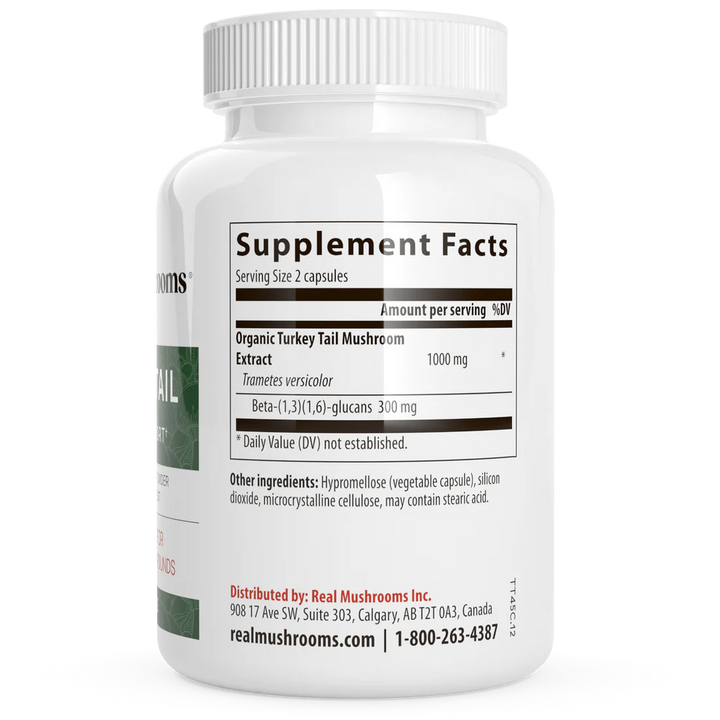 Real Mushrooms Turkey Tail Extract Supplement Facts label showing organic ingredients and nutritional information.