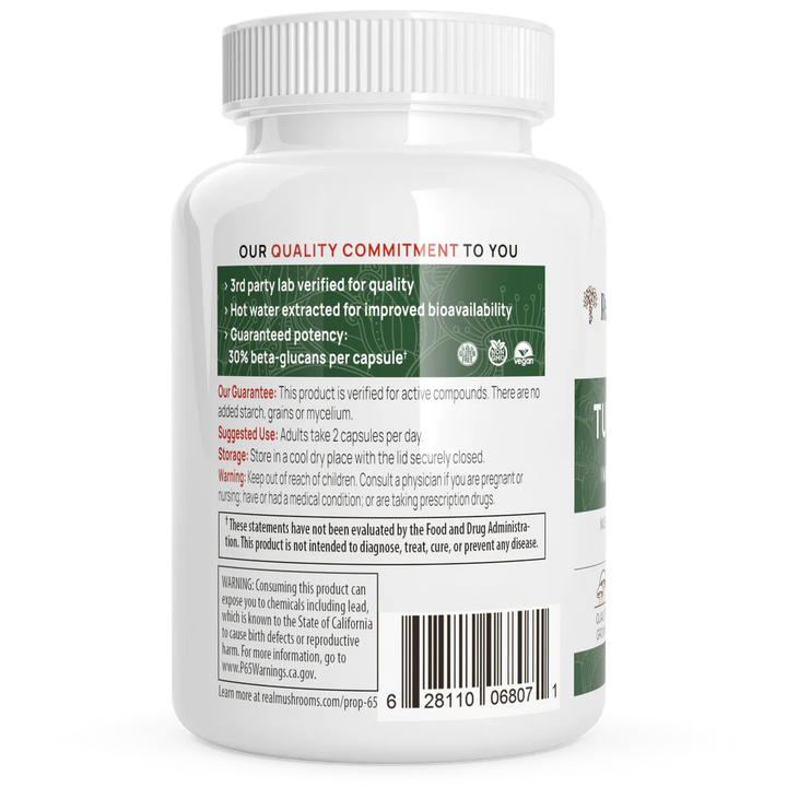 Back label of Real Mushrooms Turkey Tail Extract showing quality commitment and key health benefits.
