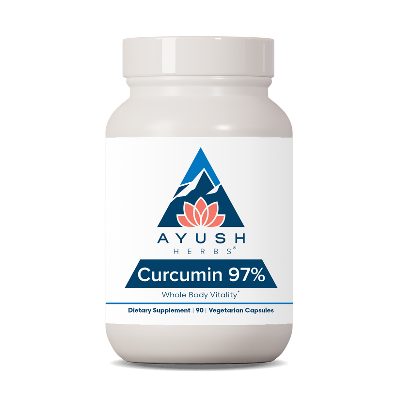 Ayush Herbs Curcumin 97% bottle for whole body vitality, dietary supplement with 90 vegetarian capsules.