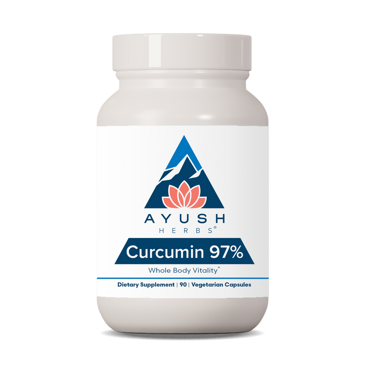 Ayush Herbs Curcumin 97% bottle for whole body vitality, dietary supplement with 90 vegetarian capsules.