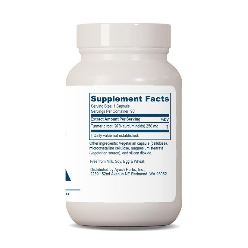 Ayush Herbs Curcumin 97% supplement facts label showing serving size and turmeric content in 90 veggie capsules.