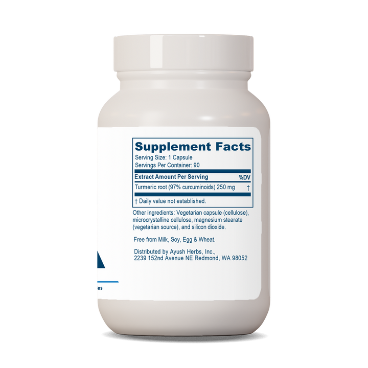 Ayush Herbs Curcumin 97% supplement facts label showing serving size and turmeric content in 90 veggie capsules.