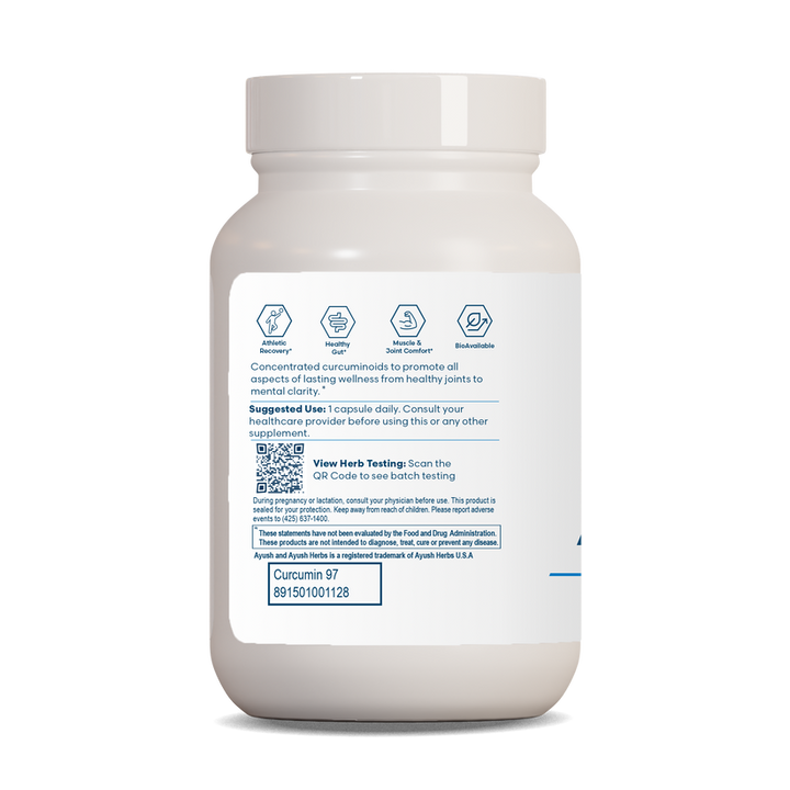 Ayush Herbs Curcumin 97% supplement bottle back view featuring ingredients and usage instructions.