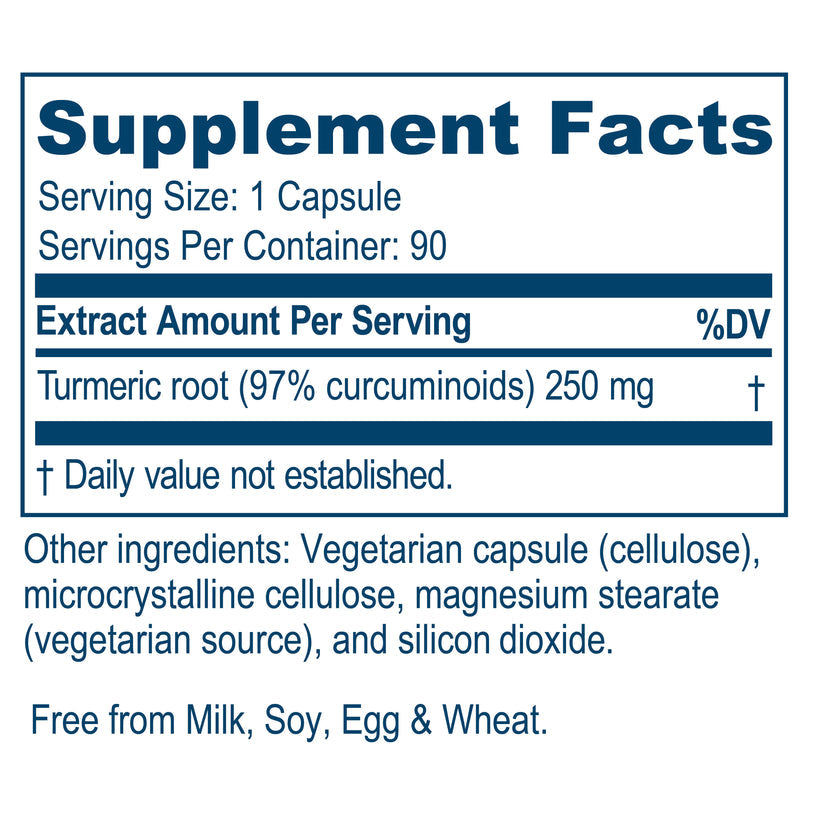 Supplement Facts for Ayush Herbs Curcumin 97% showing turmeric root and nutrition information for 90 veg caps.