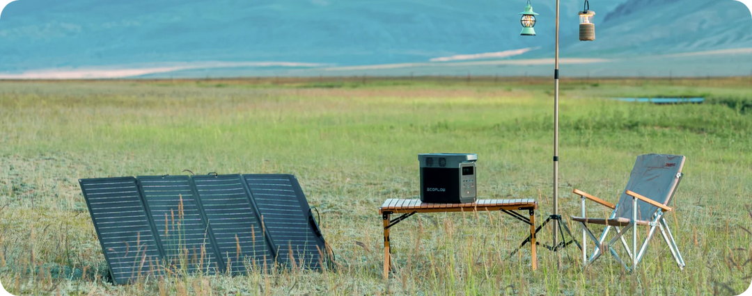 EcoFlow RIVER 2 Pro Portable Power Station 768Wh with Solar Panel setup in a scenic outdoor meadow.