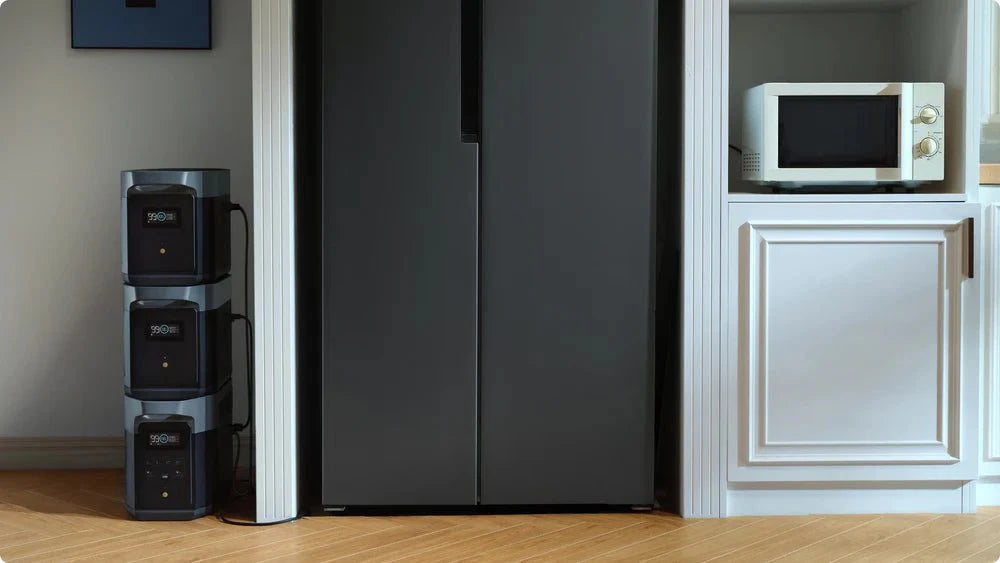 EcoFlow DELTA 2 Max Power Station setup beside a modern kitchen refrigerator and microwave.