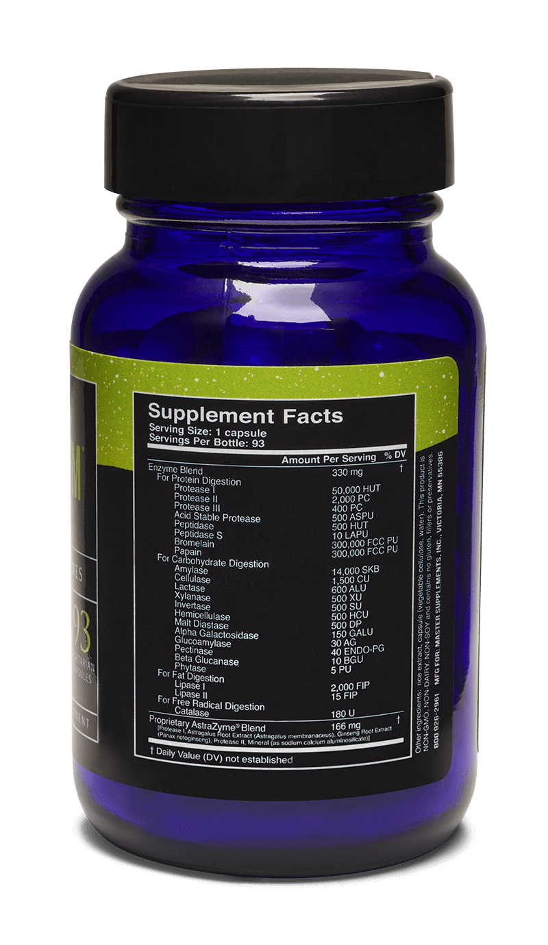Master Supplements U.S Enzymes DIGESTXYM bottle with supplement facts and serving size displayed.