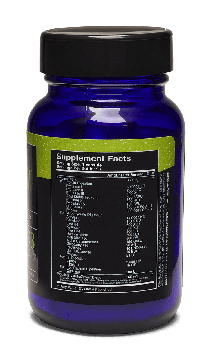 Master Supplements U.S Enzymes DIGESTXYM bottle with supplement facts and serving size displayed.