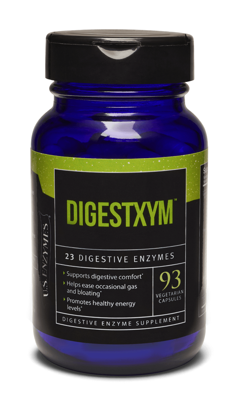 Master Supplements U.S Enzymes DIGESTXYM bottle with 93 caps and digestive enzyme information.