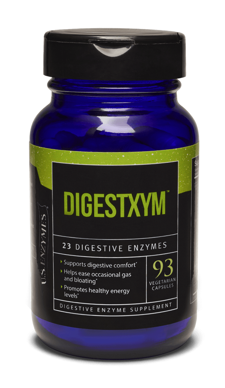 Master Supplements U.S Enzymes DIGESTXYM bottle with 93 caps and digestive enzyme information.