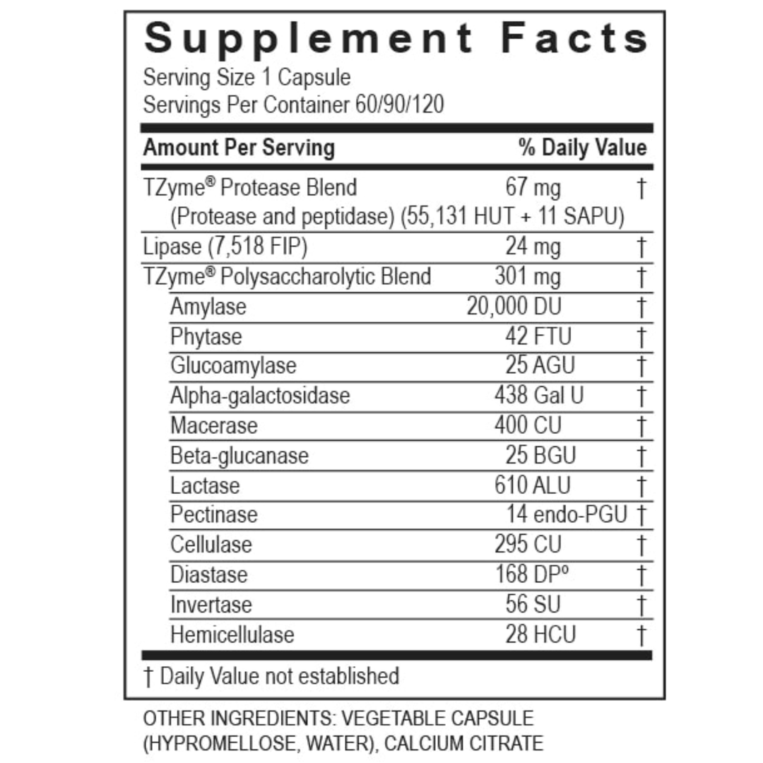 Transformation Enzymes Digest supplement facts for digestive support with protease, probiotic, and adrenal complex.