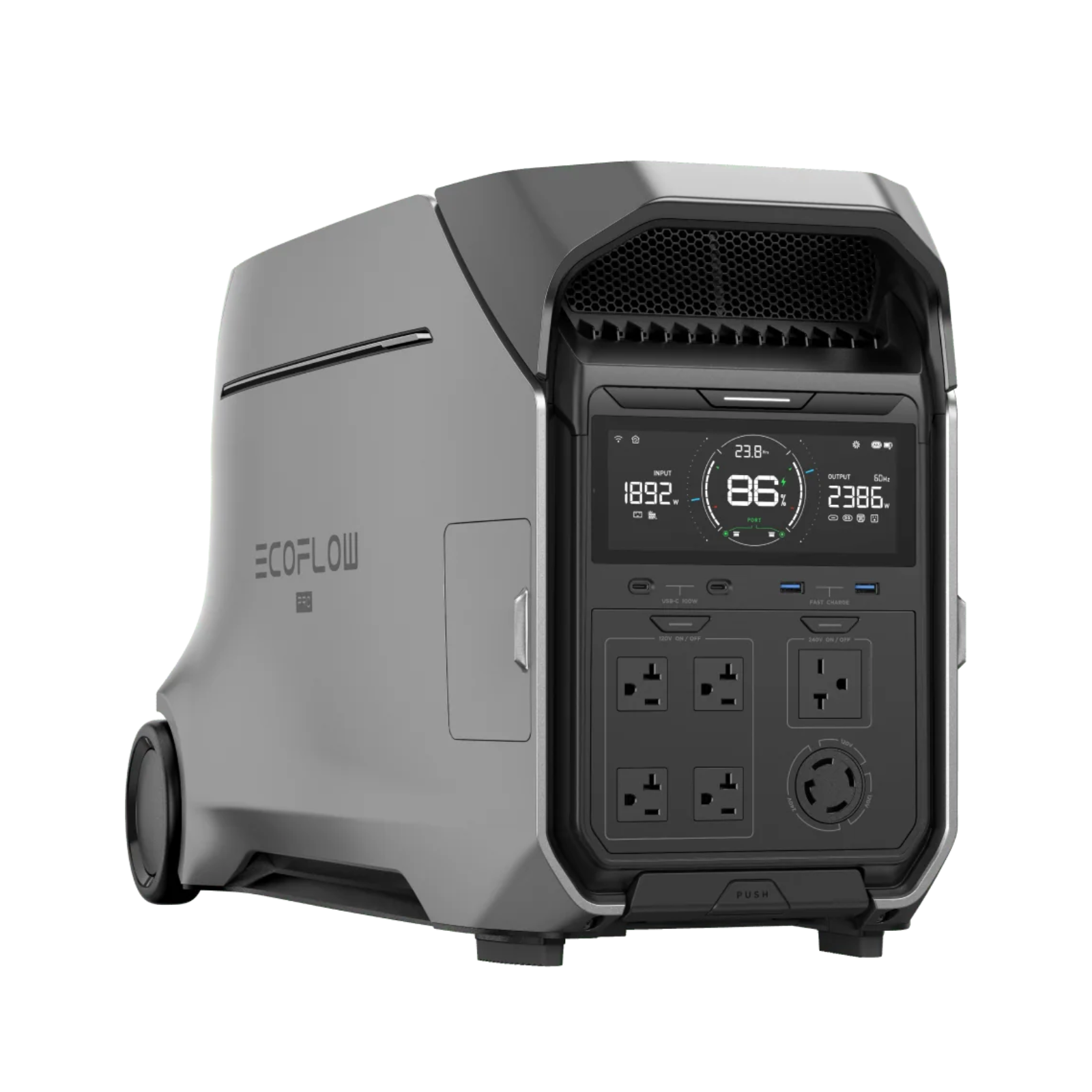 EcoFlow DELTA Pro 3 Power Station with digital display and multiple ports for home backup and outdoor use.