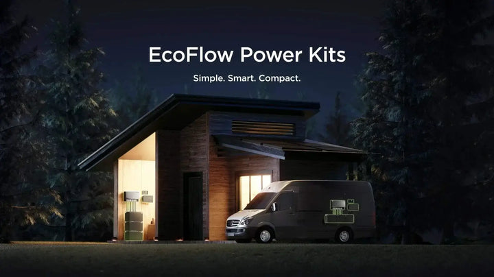 EcoFlow 4kWh Power Get Set Kit showcased outside a modern home with a delivery van, highlighting solar energy solutions.