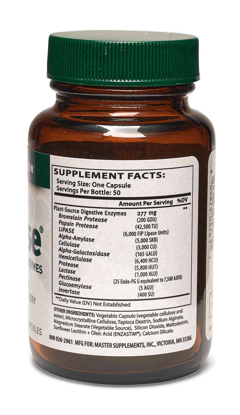 Master Supplements US Enzymes ENZALASE supplement facts on a brown bottle with green cap.