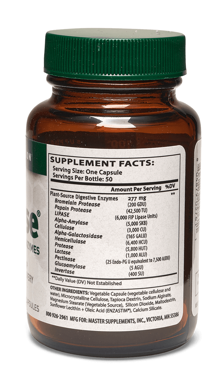 Master Supplements US Enzymes ENZALASE supplement facts on a brown bottle with green cap.