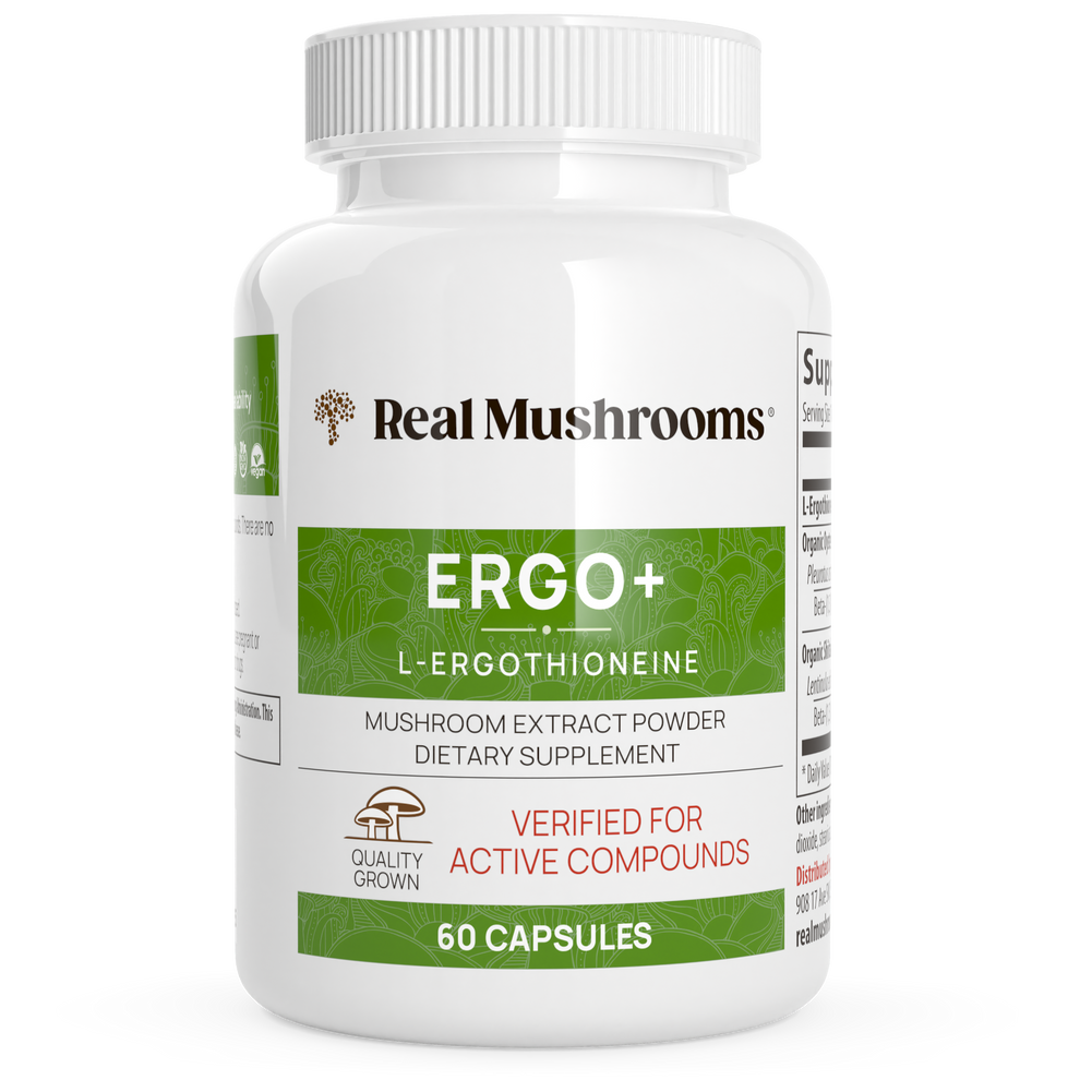 Real Mushrooms Ergo + L-Ergothioneine Supplement bottle containing 60 capsules for immune support.