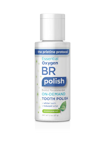 Essential Oxygen Tooth Polish 2 oz bottle for stain removal and fresh breath, dentist recommended for brighter smile.