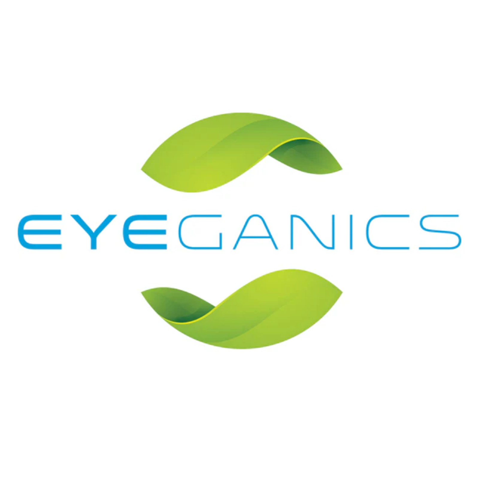 Eyeganics logo with green leaves representing organic eye care solutions.