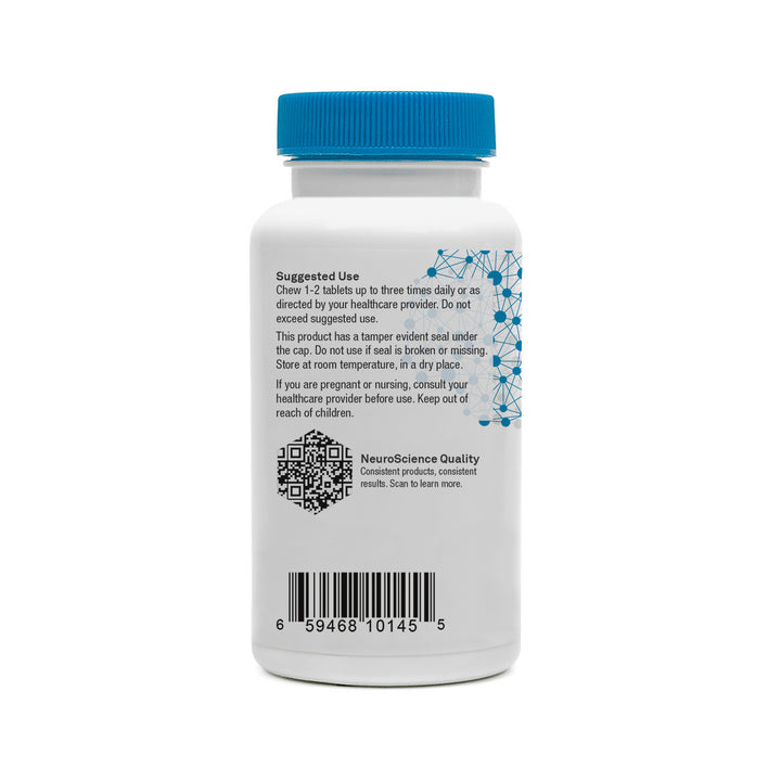 NeuroScience GABA Trex supplement bottle back label detailing suggested use and quality assurance features.