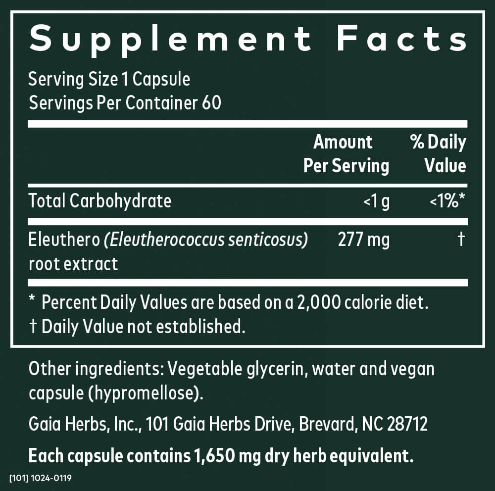 Supplement facts label for Gaia Herbs Eleuthero Root 60 Capsules showing ingredients and nutritional information.