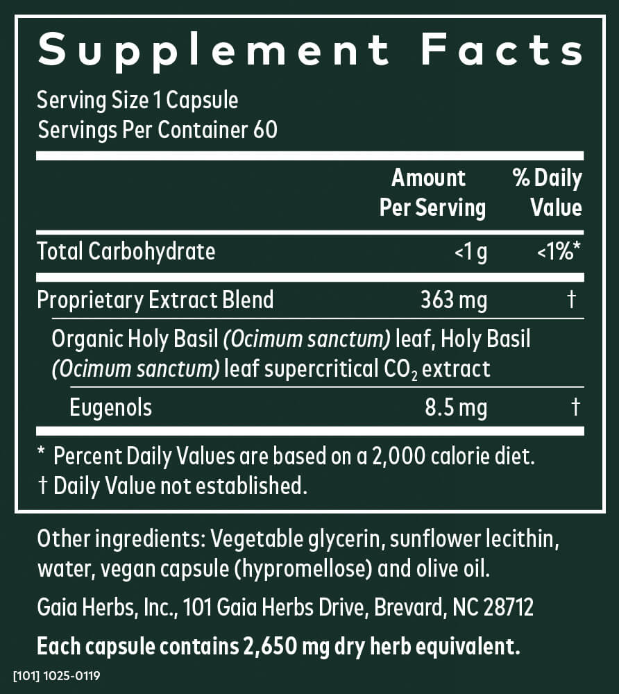 Supplement Facts for Gaia Herbs Holy Basil 60 Caps including ingredients and nutritional information.