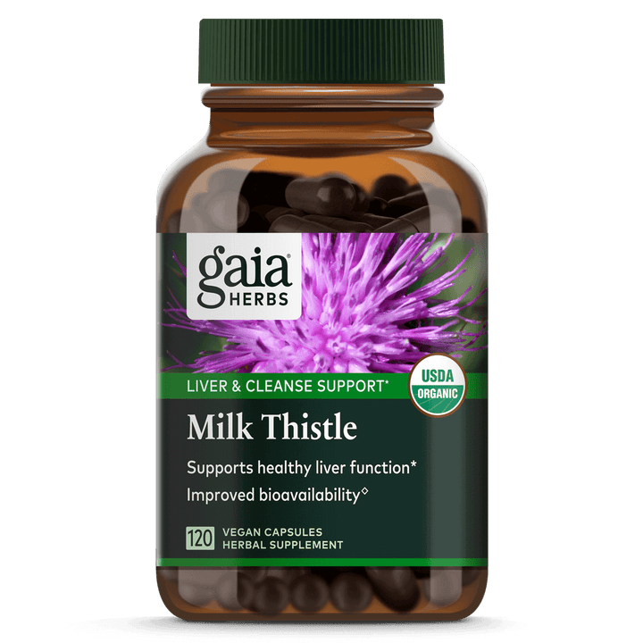 Gaia Herbs Milk Thistle 1000 120 Caps bottle for liver support and detoxification with vegan capsules.