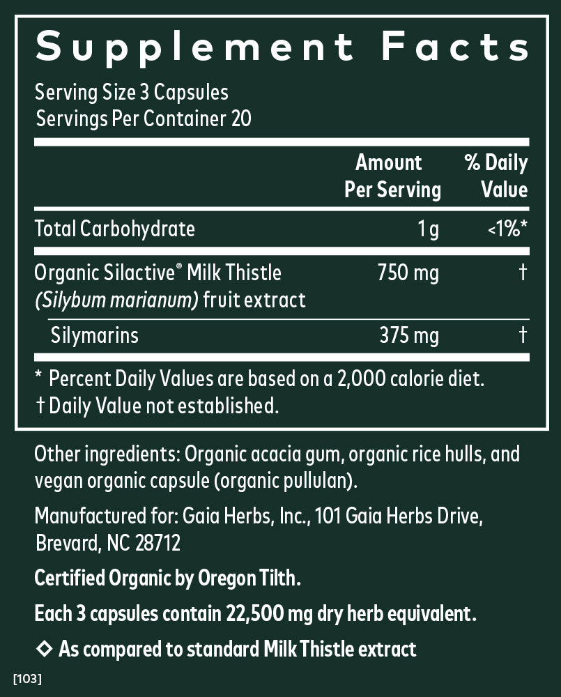 Gaia Herbs Milk Thistle 1000 Supplement Facts label showing ingredients and nutritional information.