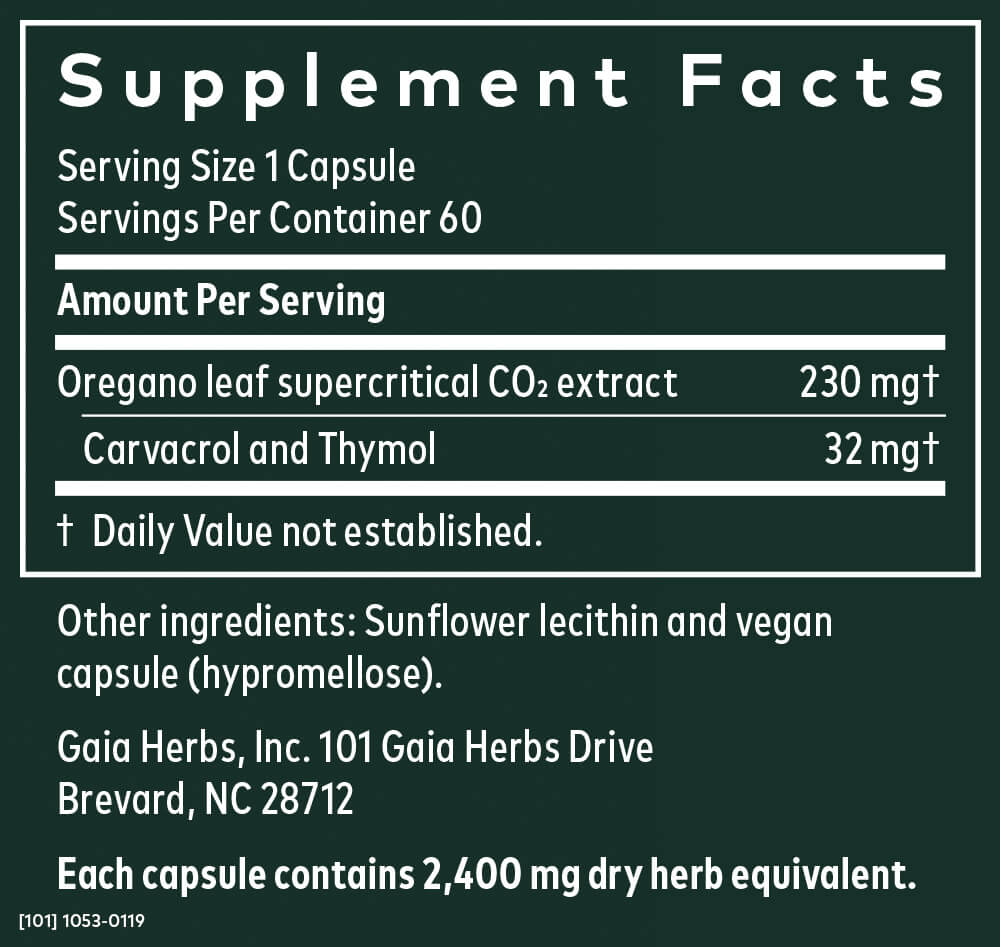 Gaia Herbs Oil of Oregano supplement facts label detailing ingredients, servings, and nutritional information.