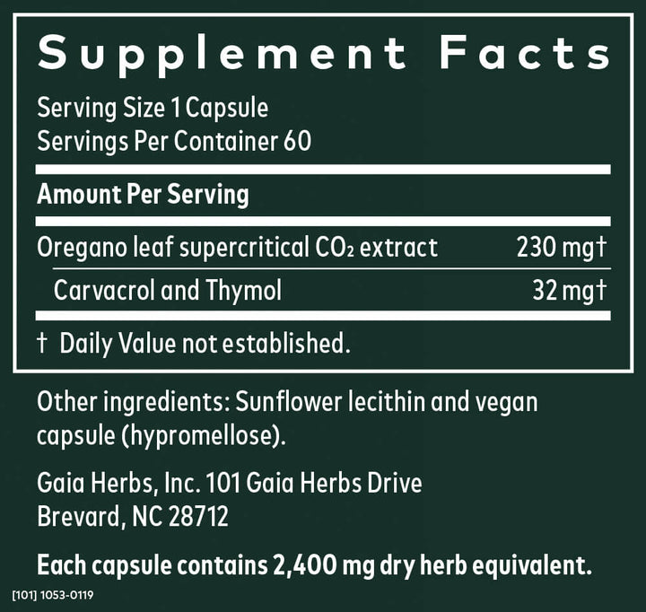 Gaia Herbs Oil of Oregano supplement facts label detailing ingredients, servings, and nutritional information.