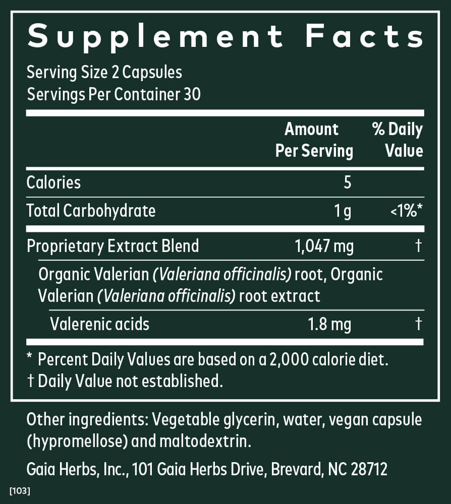 Supplement facts for Gaia Herbs Pro Valerian Restful Sleep Support showing serving size, calories, and key ingredients.