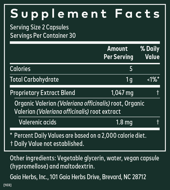 Supplement facts for Gaia Herbs Pro Valerian Restful Sleep Support showing serving size, calories, and key ingredients.
