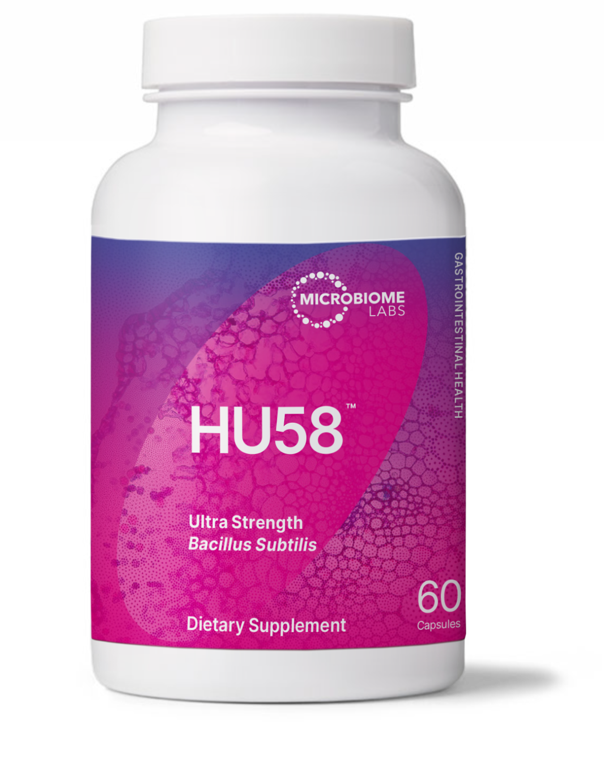 Microbiome Labs HU58 Probiotic 60 Caps dietary supplement for gut health with ultra strength Bacillus subtilis.