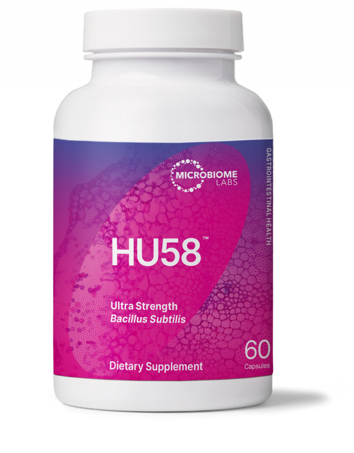 Microbiome Labs HU58 Probiotic 60 Caps dietary supplement for gut health with ultra strength Bacillus subtilis.