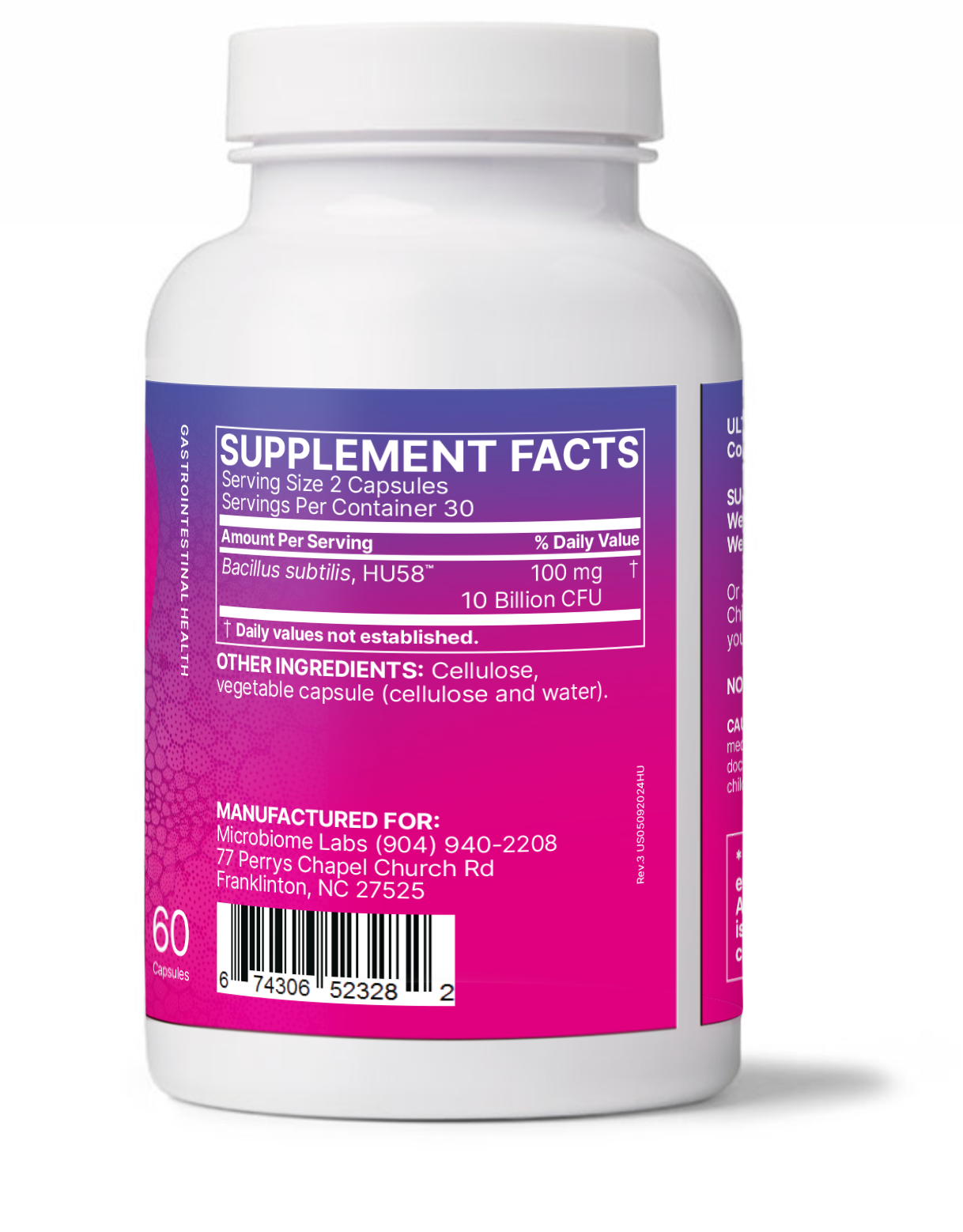 Microbiome Labs HU58 Probiotic 60 Caps Supplement Facts label showing Bacillus subtilis HU58 and dosage information.