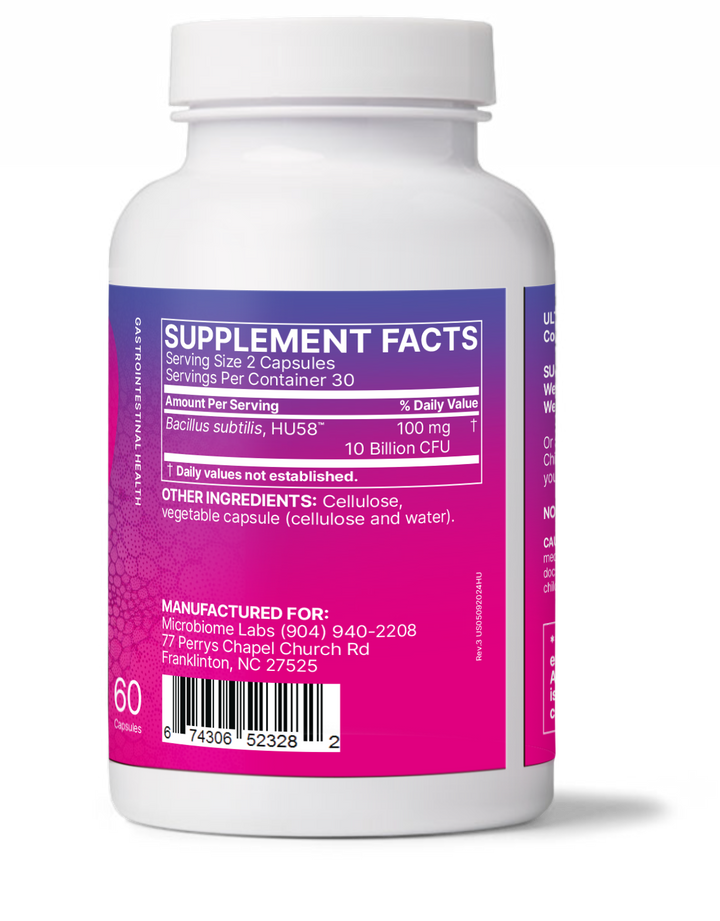 Microbiome Labs HU58 Probiotic 60 Caps Supplement Facts label showing Bacillus subtilis HU58 and dosage information.