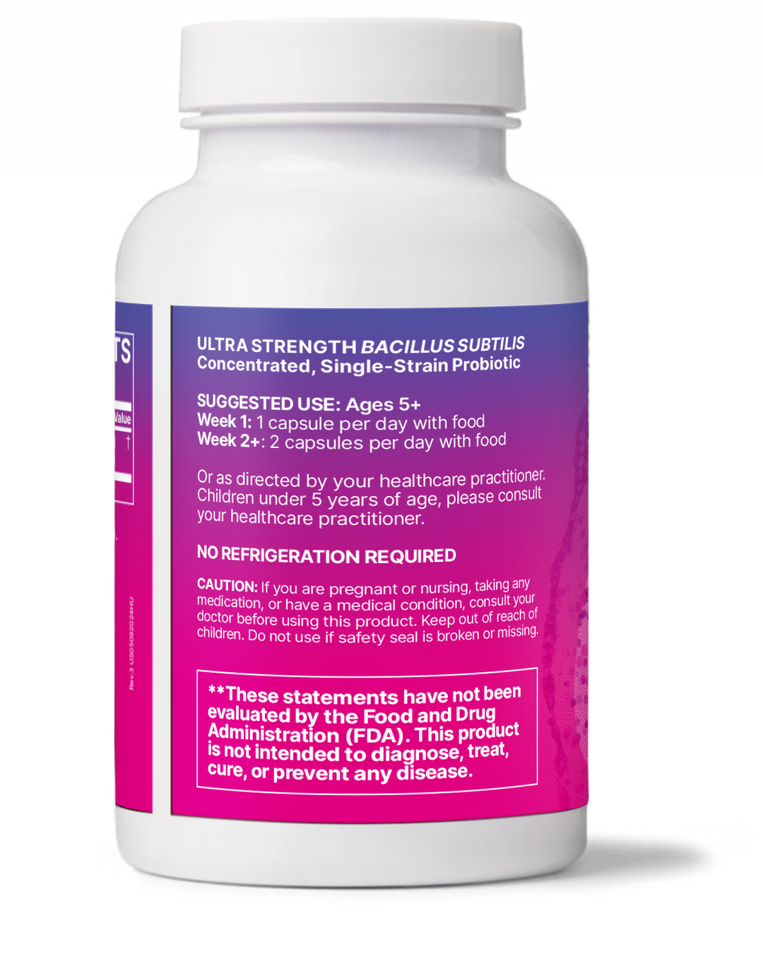 Microbiome Labs HU58 Probiotic 60 Caps bottle displaying dosage instructions and warnings.