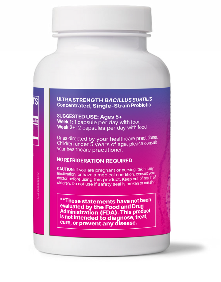 Microbiome Labs HU58 Probiotic 60 Caps bottle displaying dosage instructions and warnings.