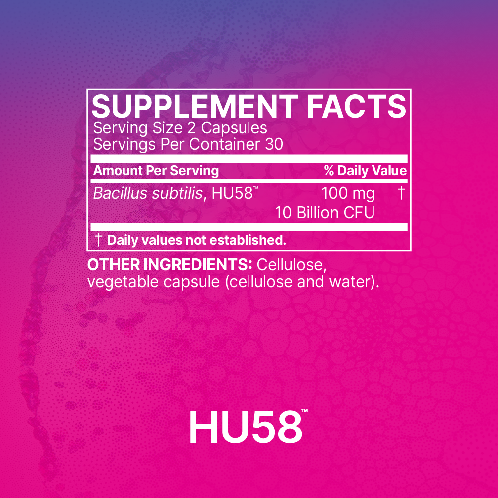 Supplement facts for Microbiome Labs HU58 Probiotic showing Bacillus subtilis content and serving information.
